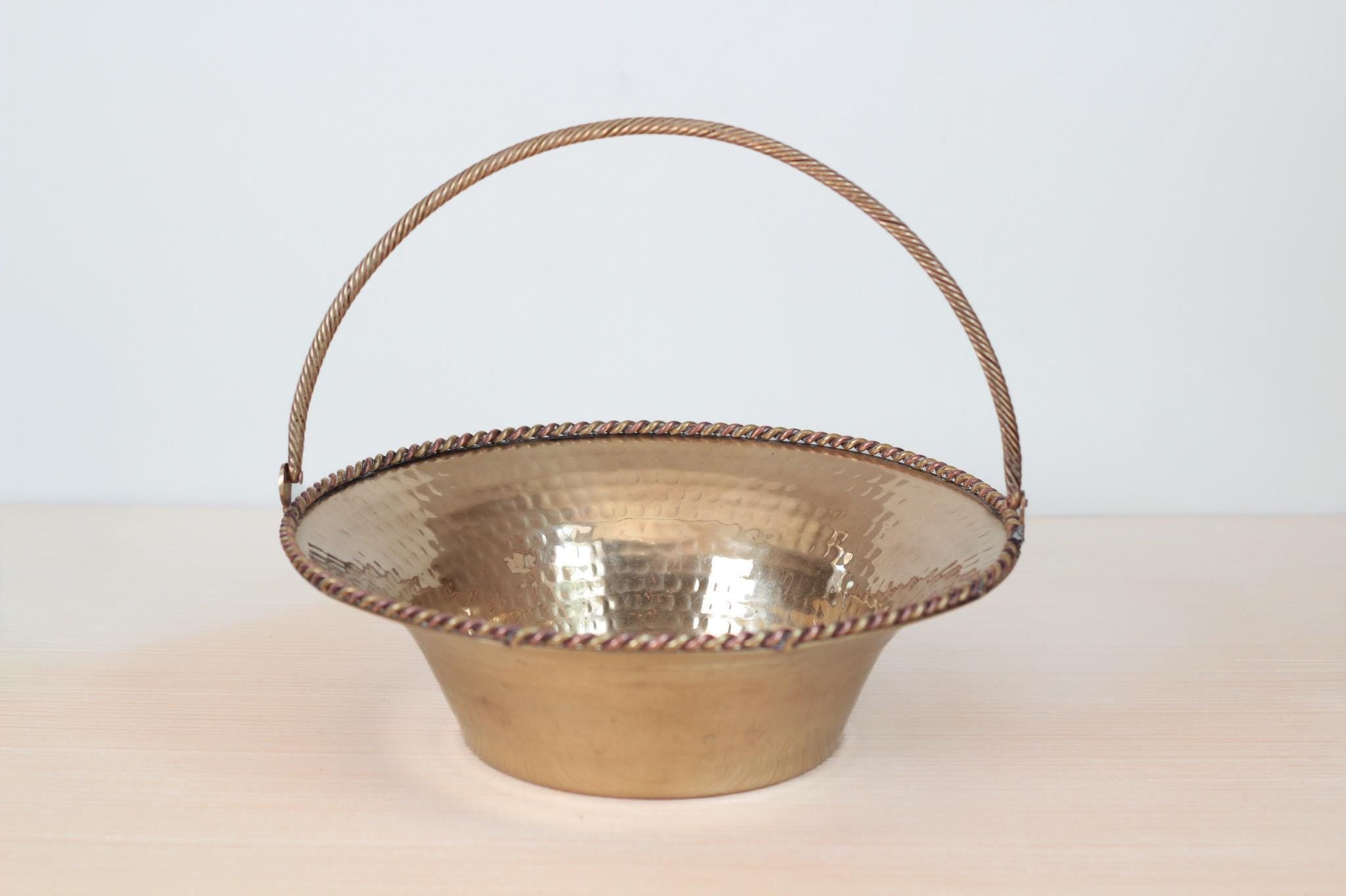 Vintage Hammered Brass Basket Bowl with Swing Handle, Mid-Century Decor