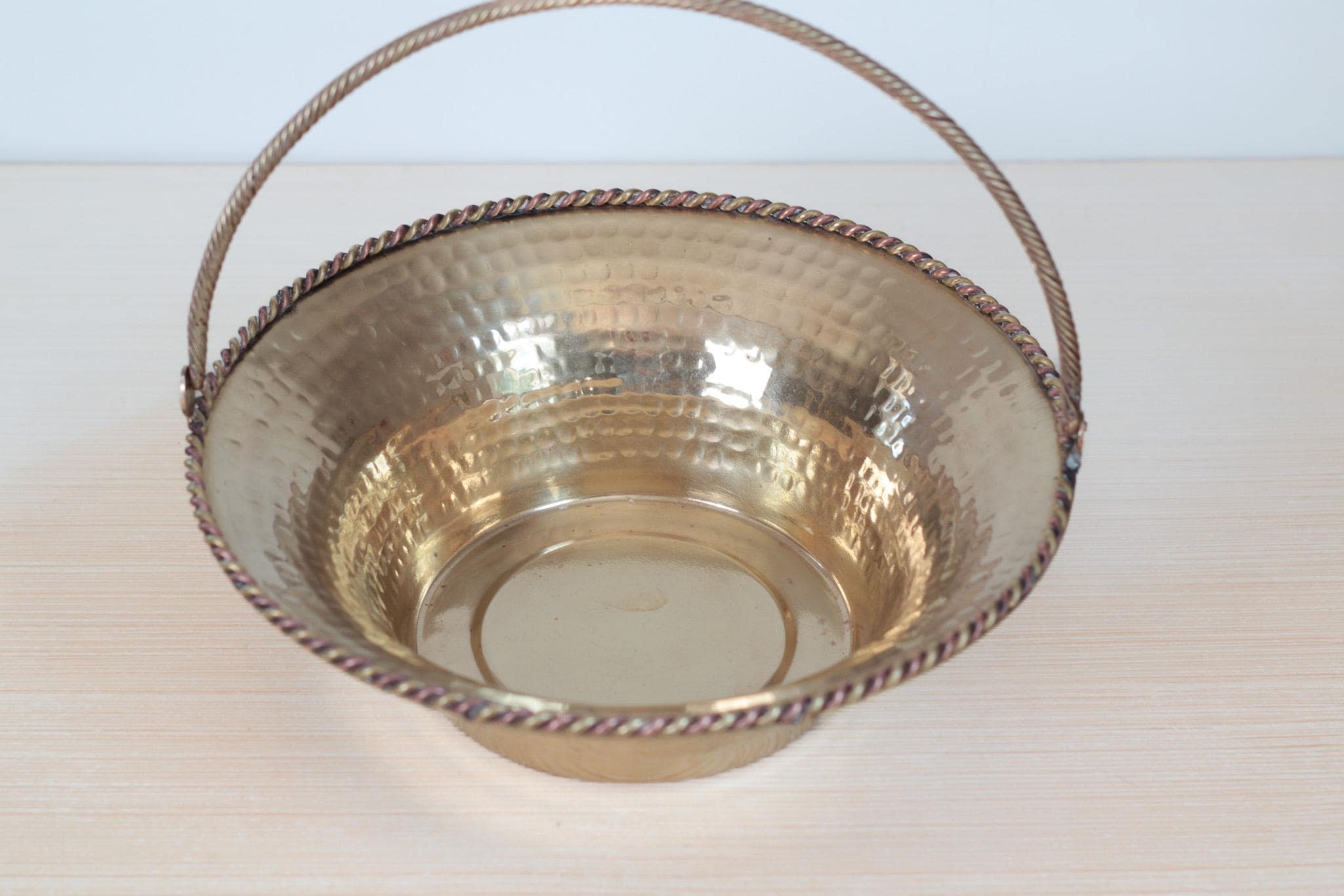 Vintage Hammered Brass Basket Bowl with Swing Handle, Mid-Century Decor
