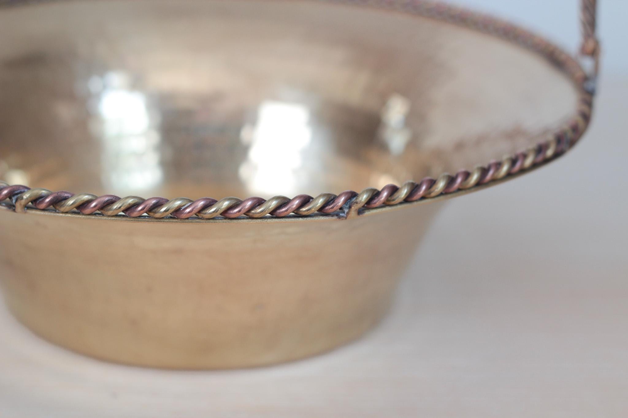 Vintage Hammered Brass Basket Bowl with Swing Handle, Mid-Century Decor