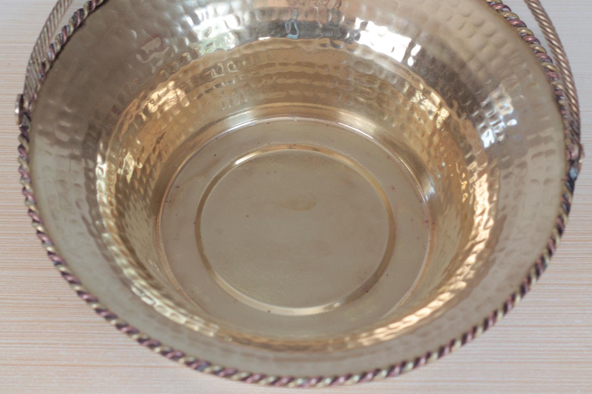 Vintage Hammered Brass Basket Bowl with Swing Handle, Mid-Century Decor