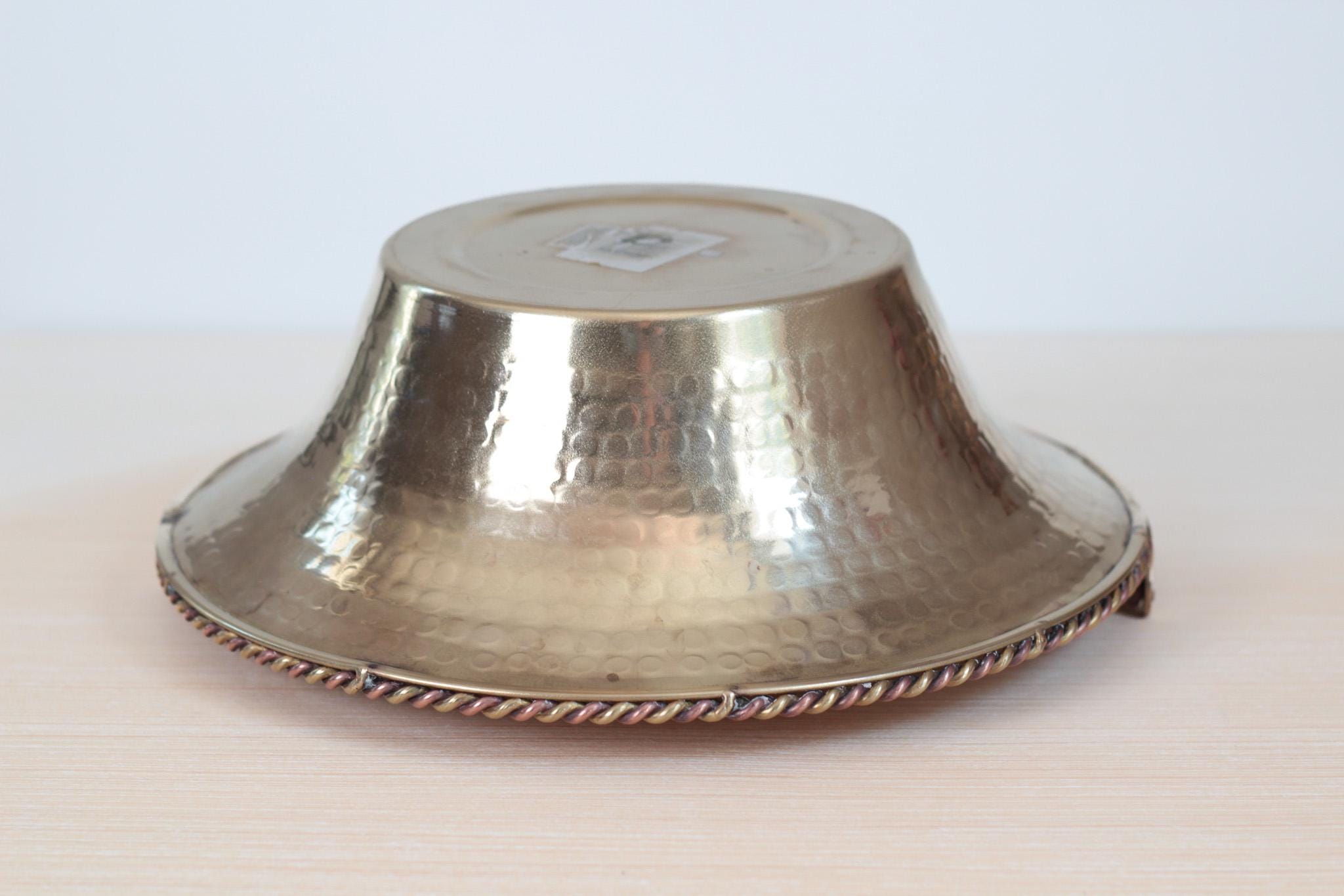 Vintage Hammered Brass Basket Bowl with Swing Handle, Mid-Century Decor