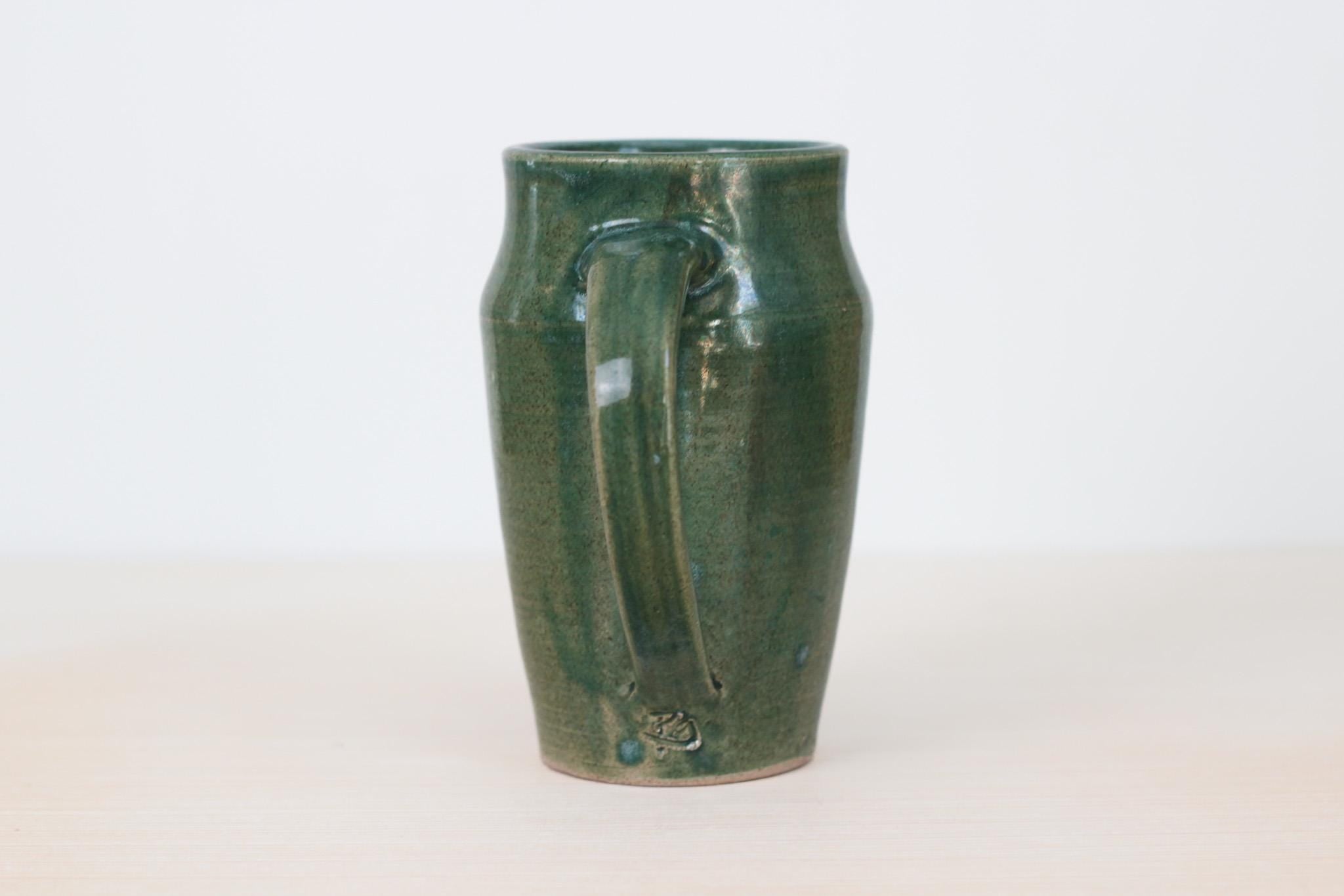 Vintage Studio Pottery Tall Green Mug, Signed by Artist