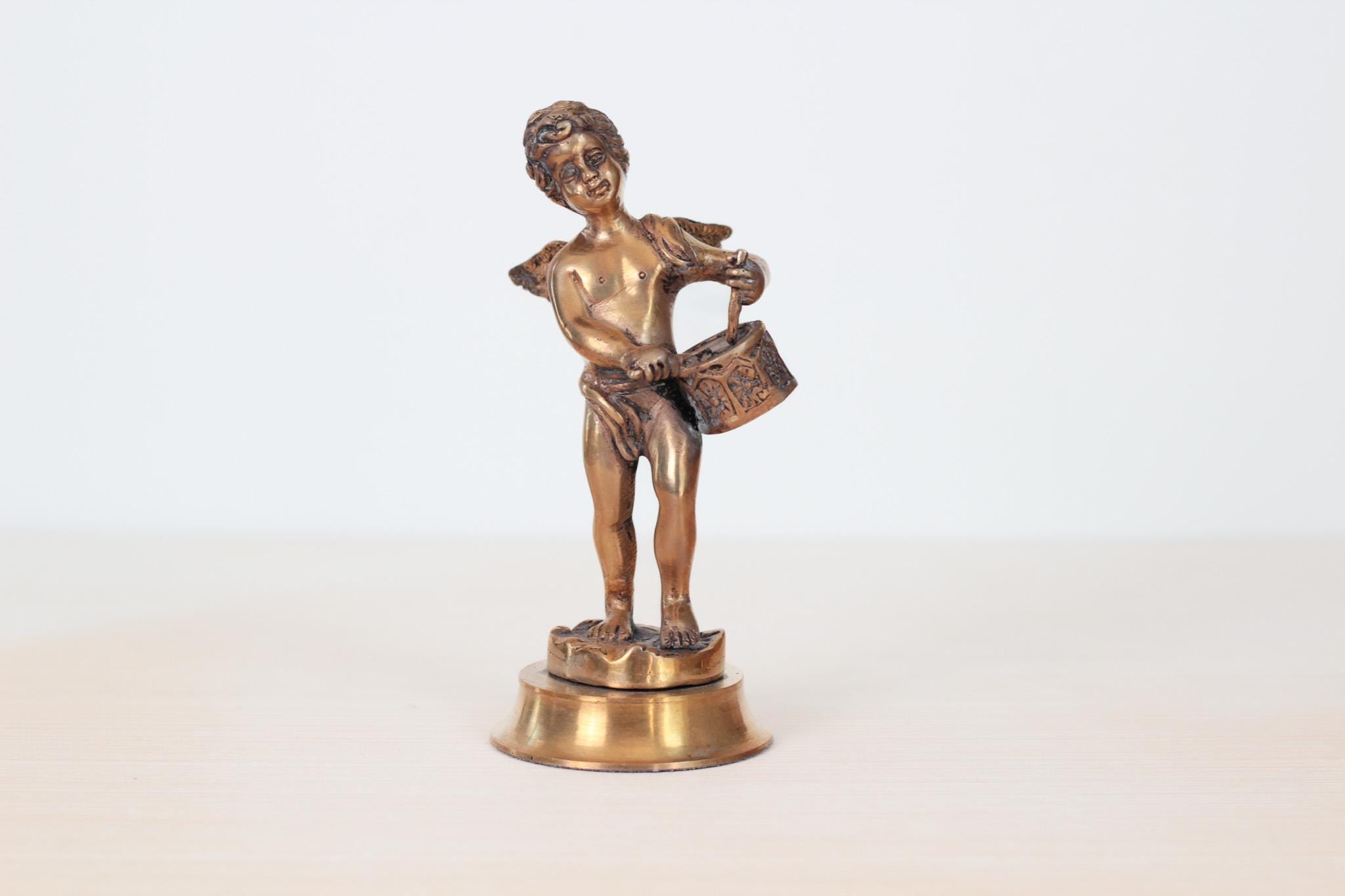 Vintage Solid Brass Angel Cherub Drummer Statue