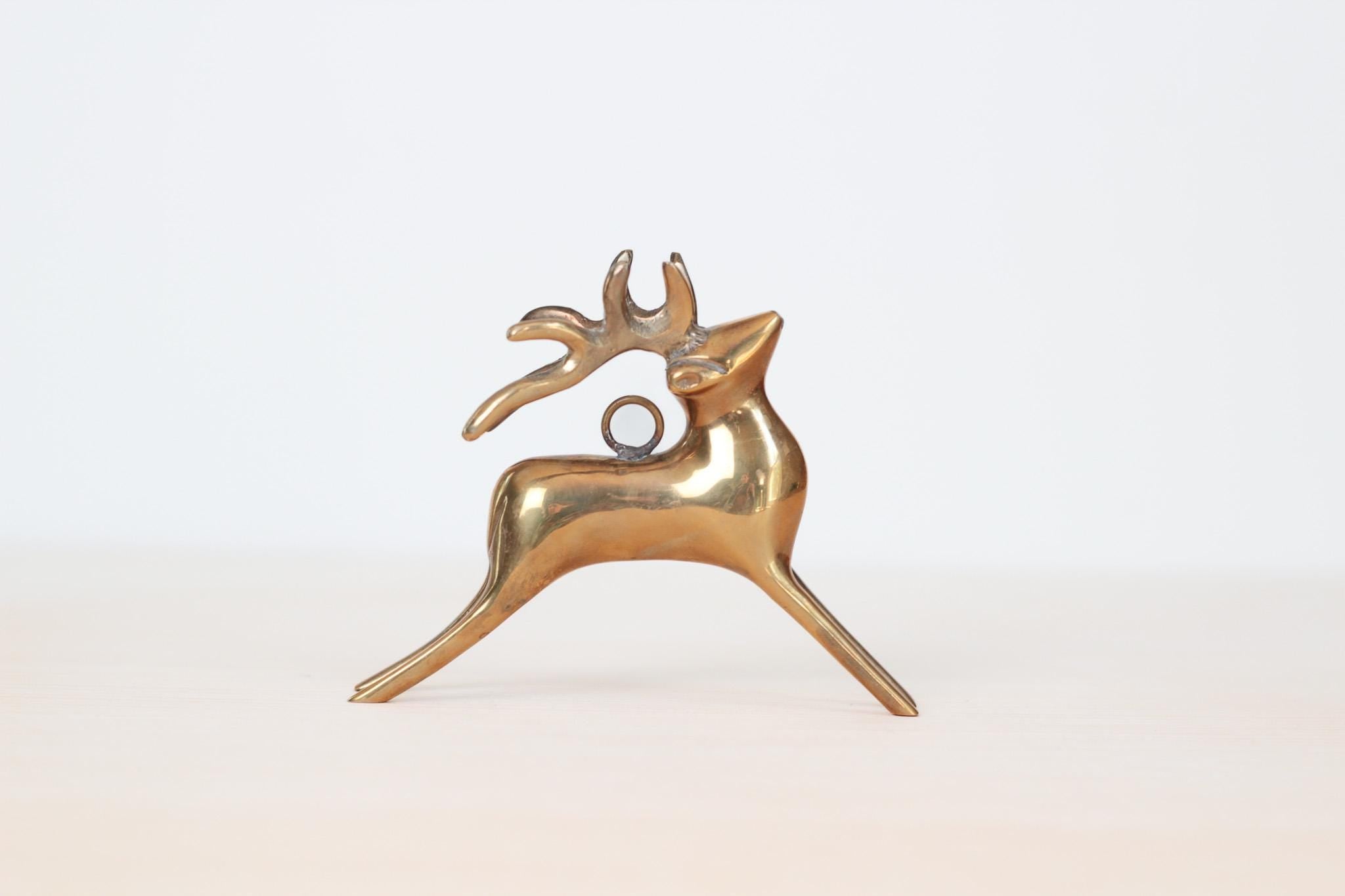 Vintage Brass Deer Figurine Ornament, Mid-Century Modern Christmas Decor
