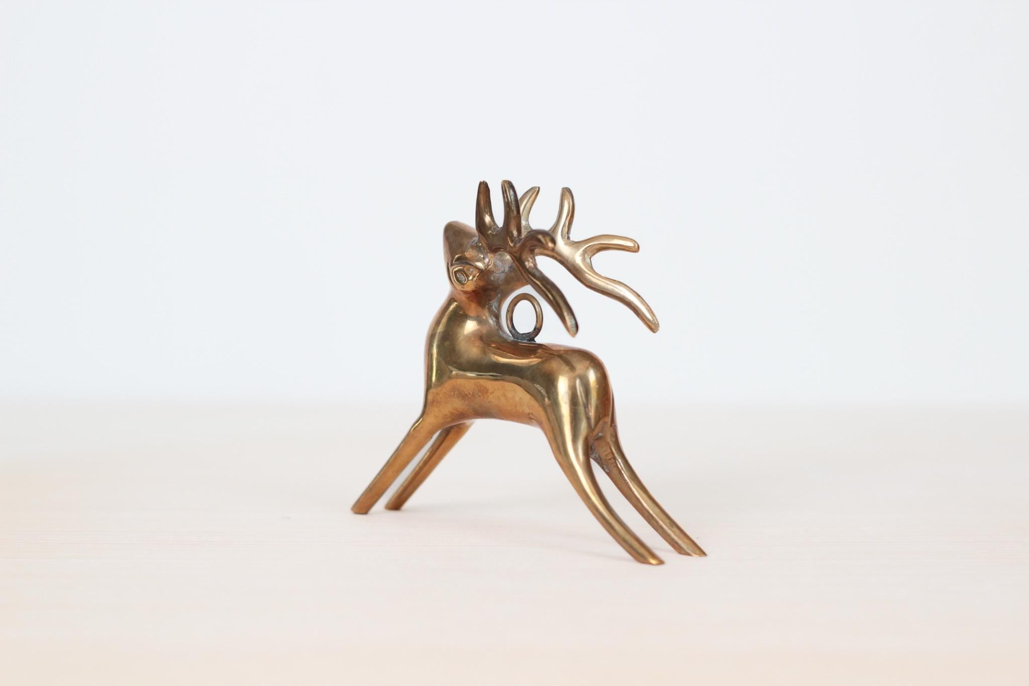 Vintage Brass Deer Figurine Ornament, Mid-Century Modern Christmas Decor