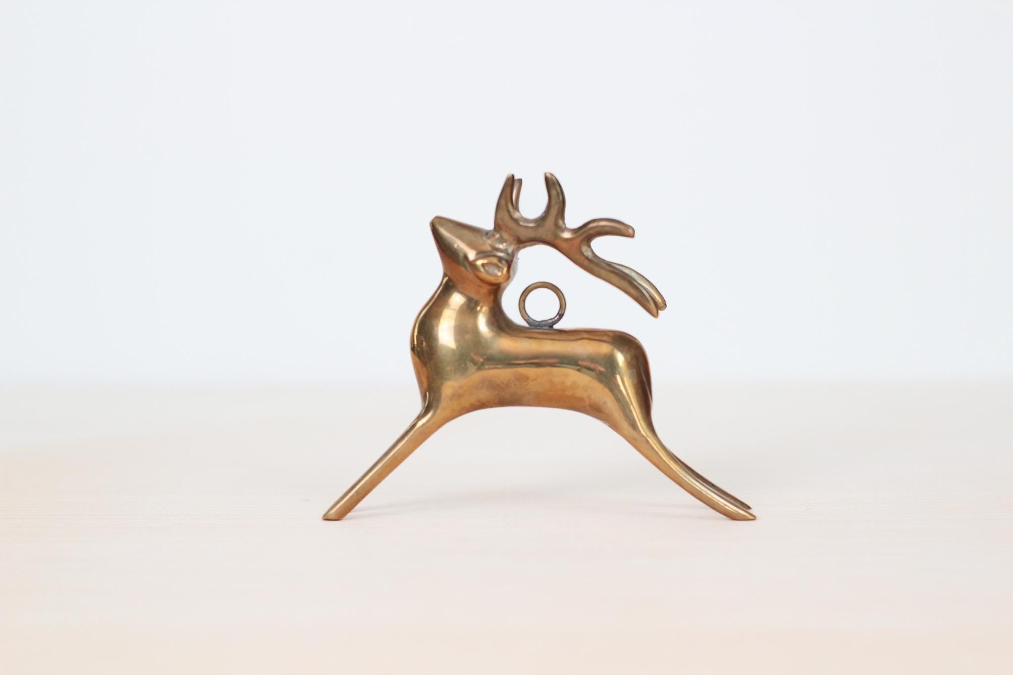 Vintage Brass Deer Figurine Ornament, Mid-Century Modern Christmas Decor