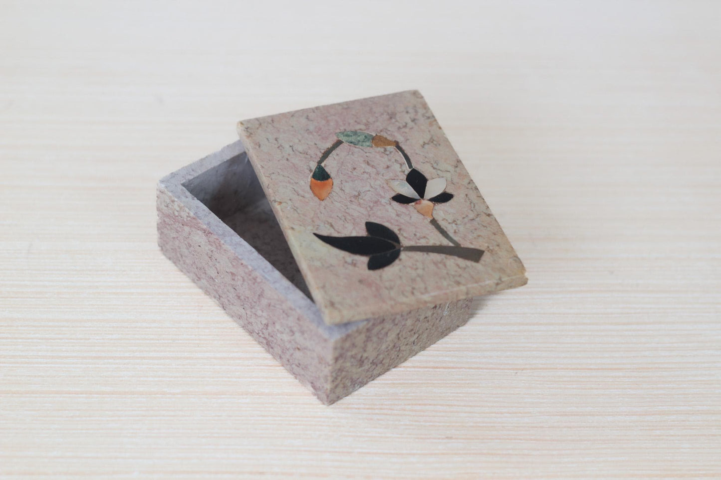 Vintage Floral Inlay Soapstone Lidded Trinket Box, Made in India