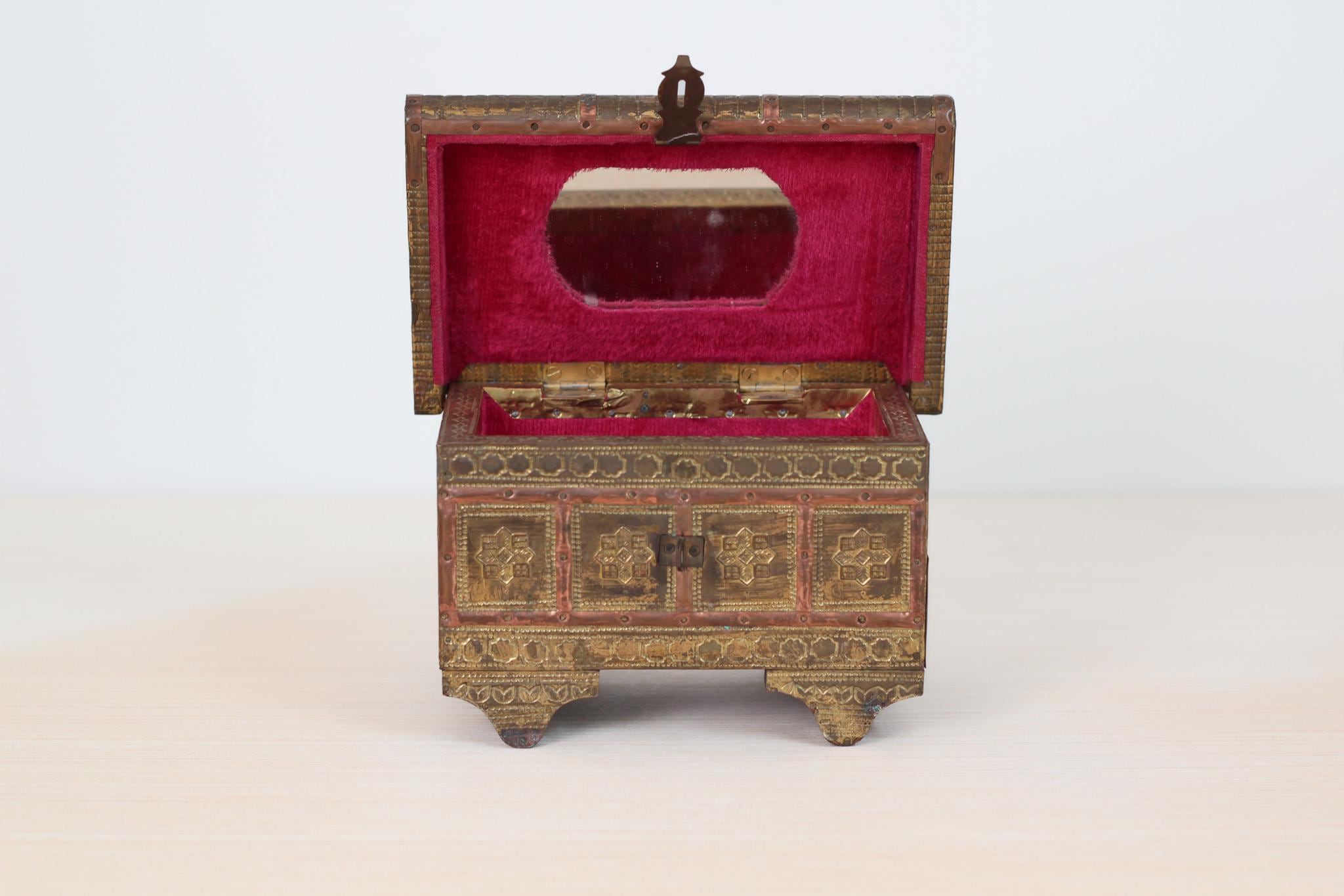 Vintage 1940s Indian Brass and Wood Jewelry Casket Box with Red Velvet Lining & Mirror