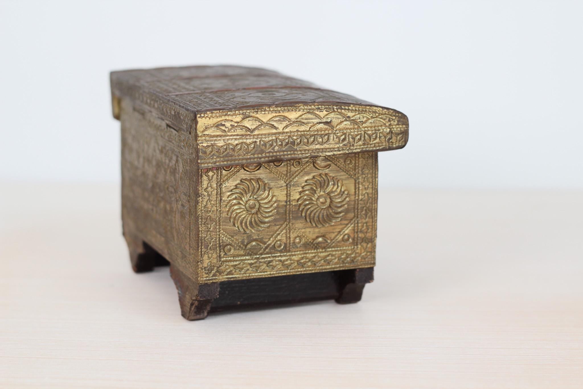 Vintage 1940s Indian Brass and Wood Jewelry Casket Box with Red Velvet Lining & Mirror