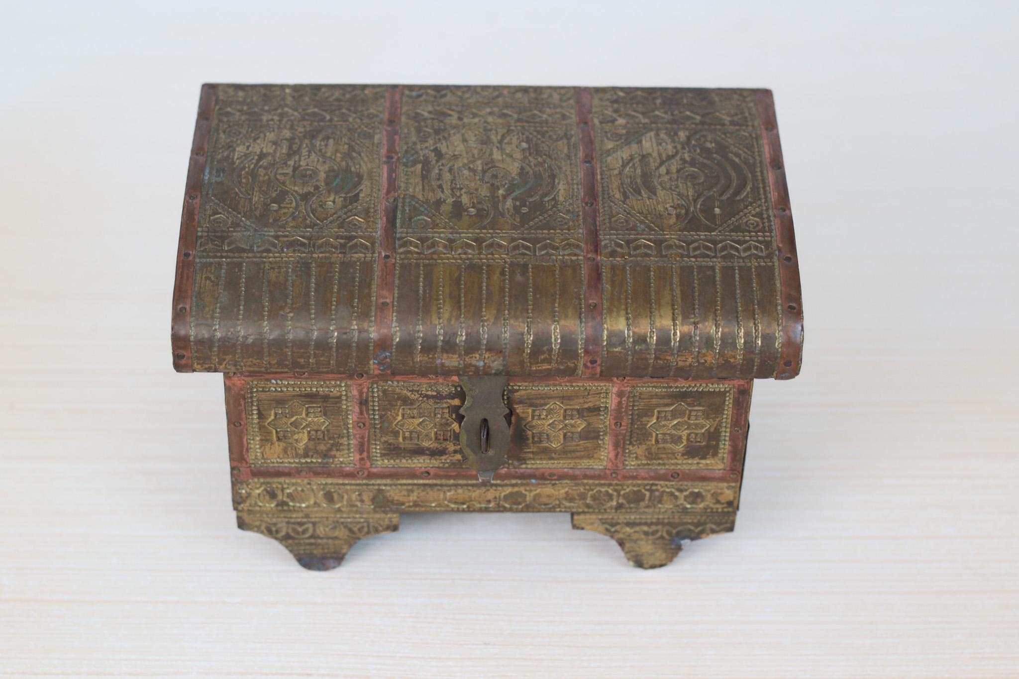 Vintage 1940s Indian Brass and Wood Jewelry Casket Box with Red Velvet Lining & Mirror