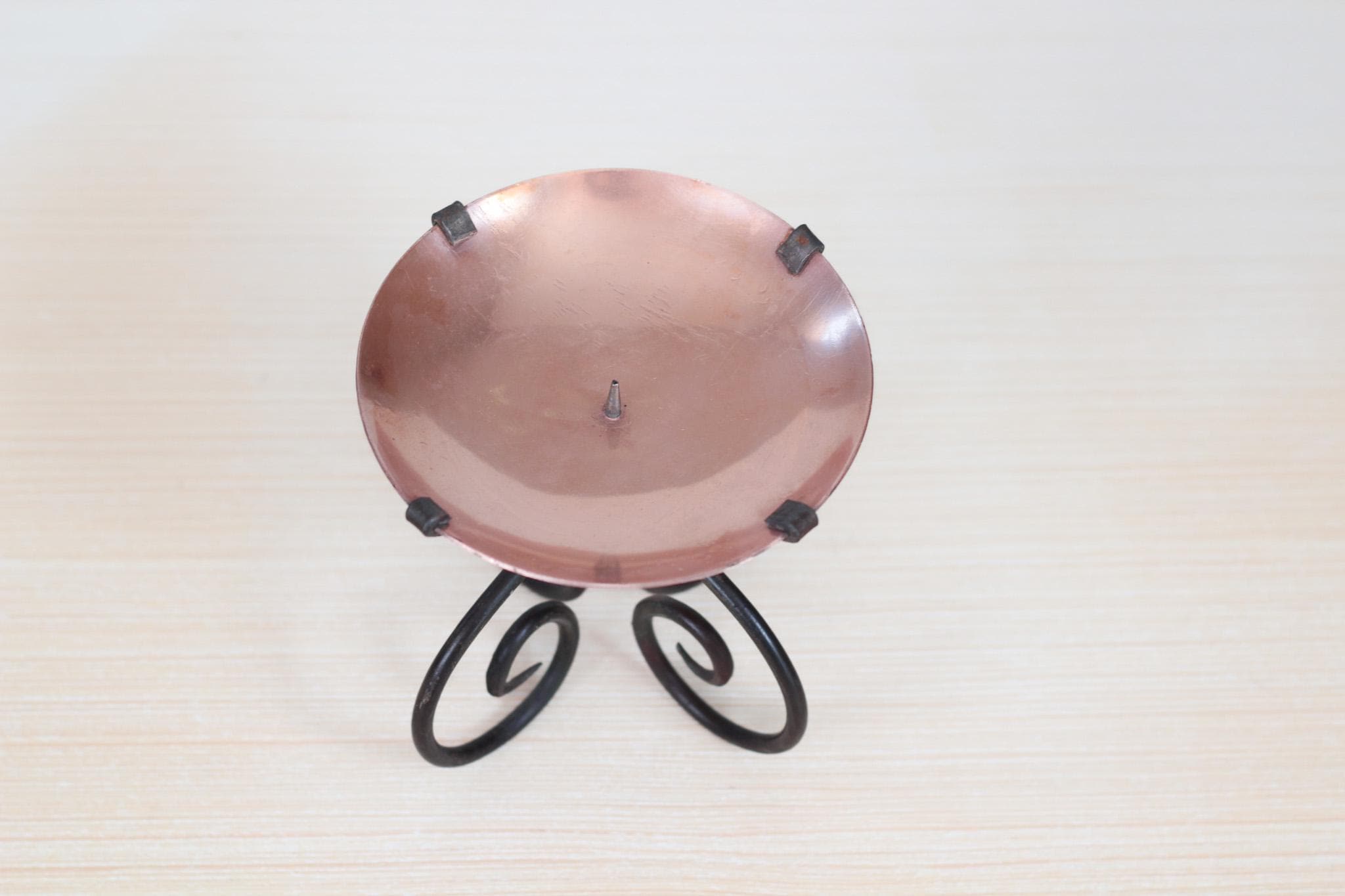 Vintage Copper & Wrought Iron Pillar Candle Holder with Scroll Base