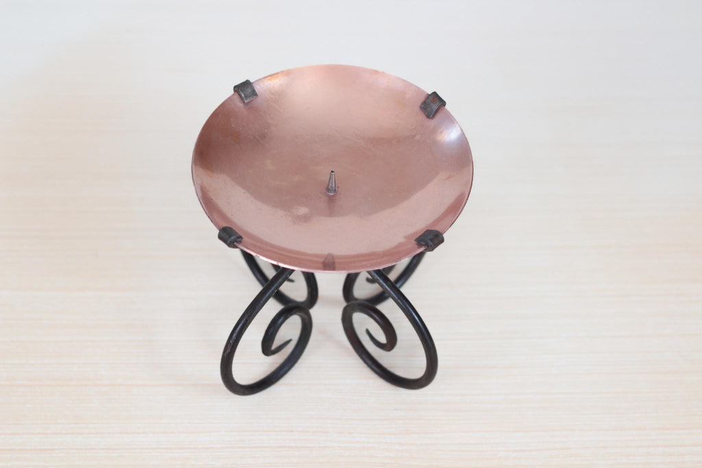 Vintage Copper & Wrought Iron Pillar Candle Holder with Scroll Base