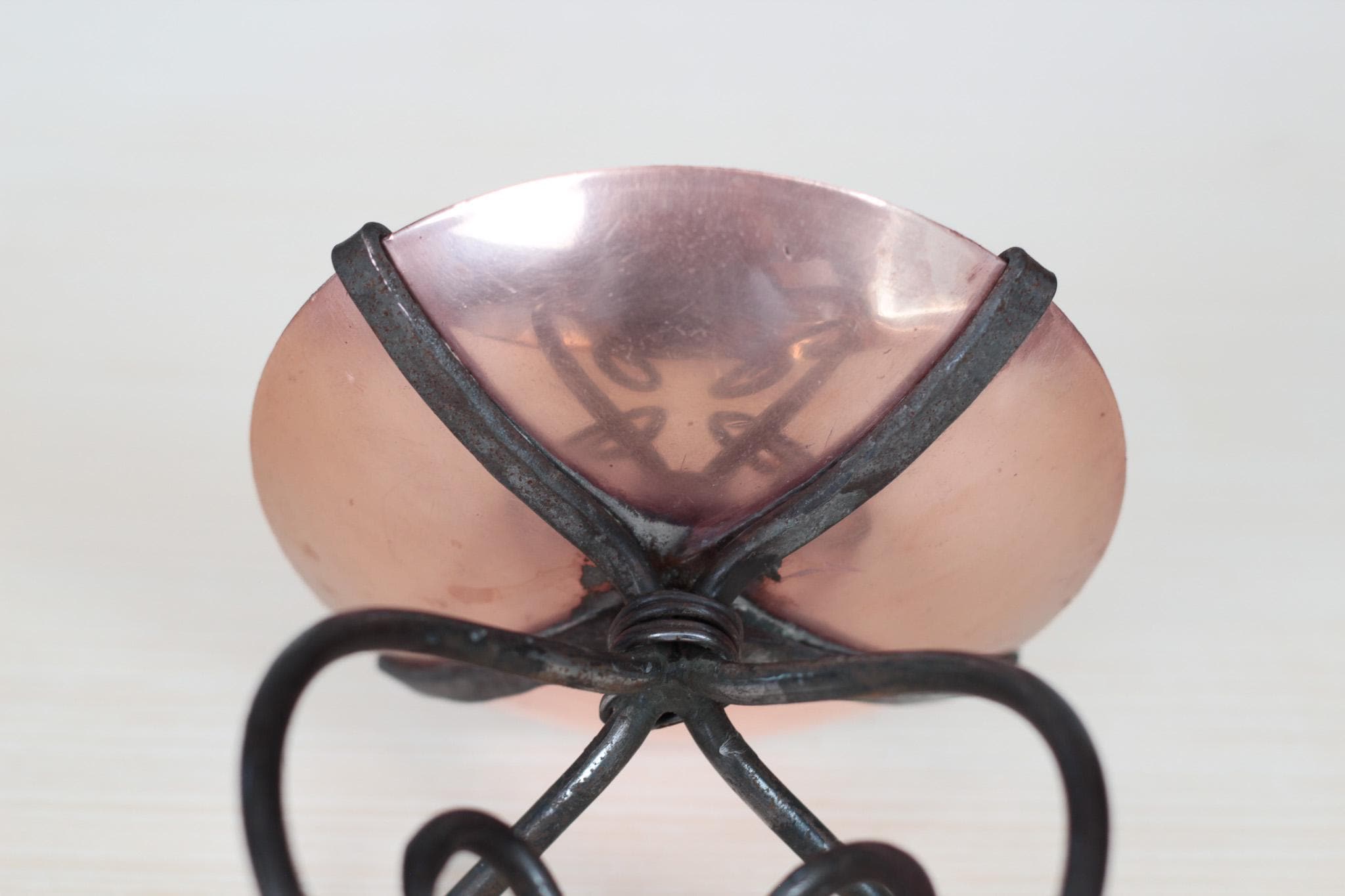 Vintage Copper & Wrought Iron Pillar Candle Holder with Scroll Base