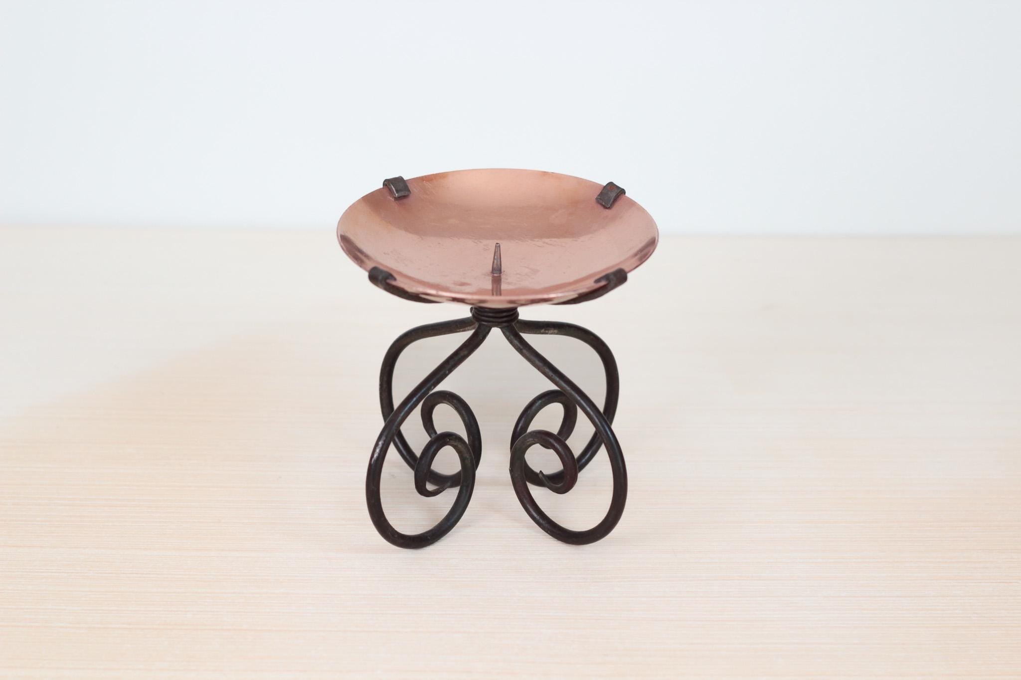 Vintage Copper & Wrought Iron Pillar Candle Holder with Scroll Base