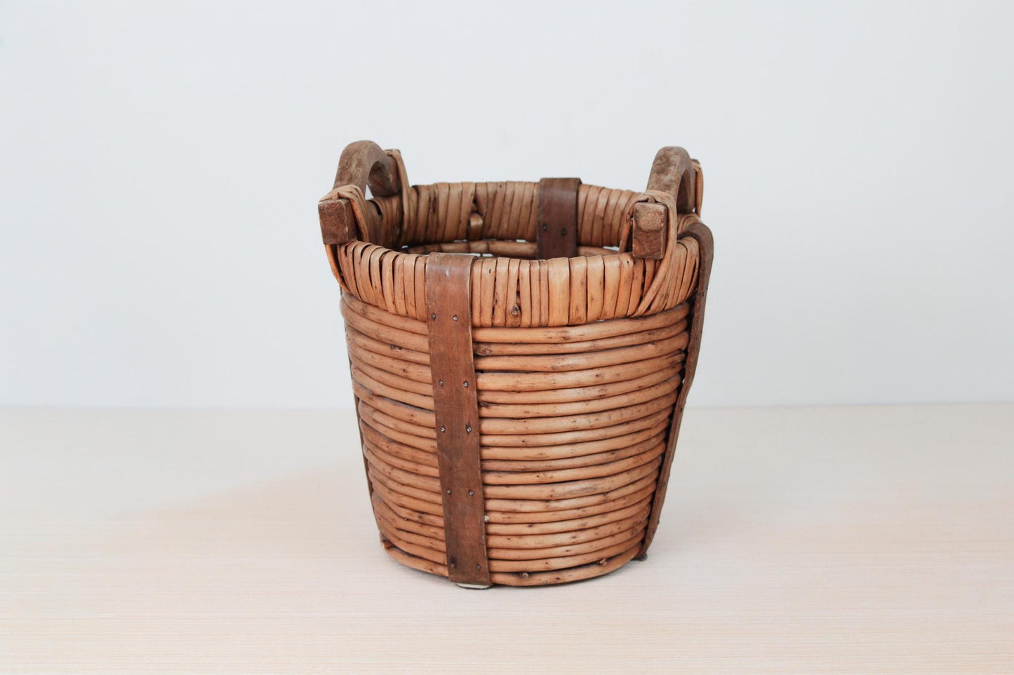 Vintage Handwoven Harvest Basket with Wooden Handles
