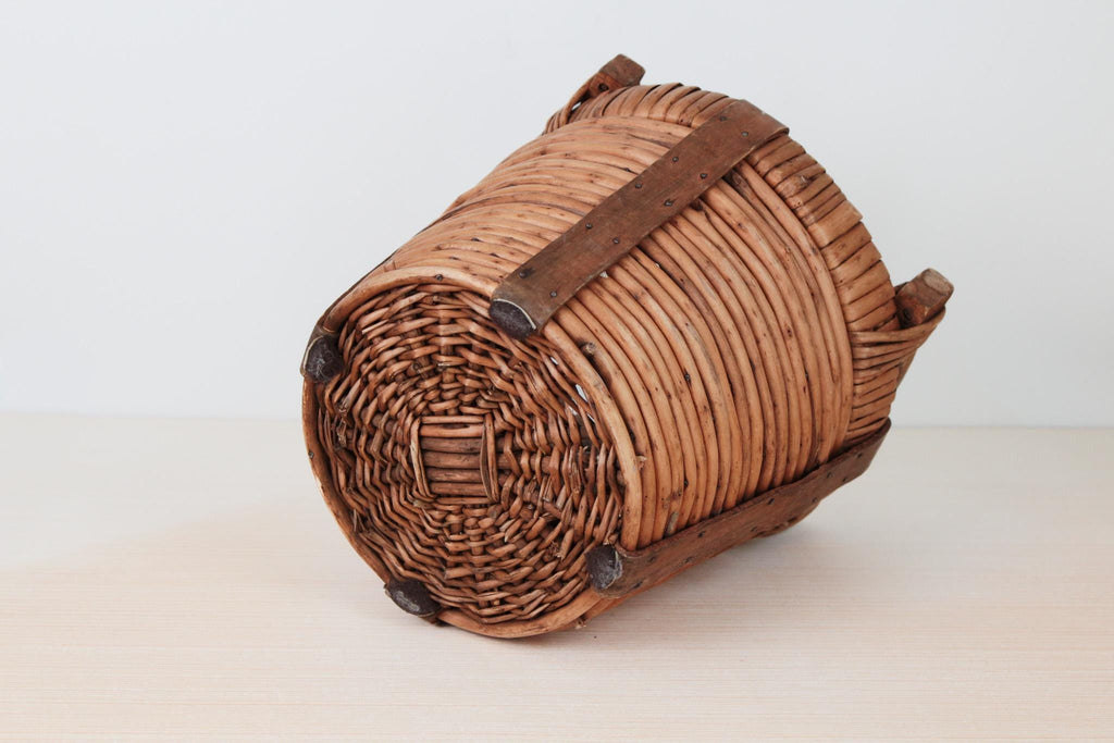 Vintage Woven Harvest Basket with Wooden Handles