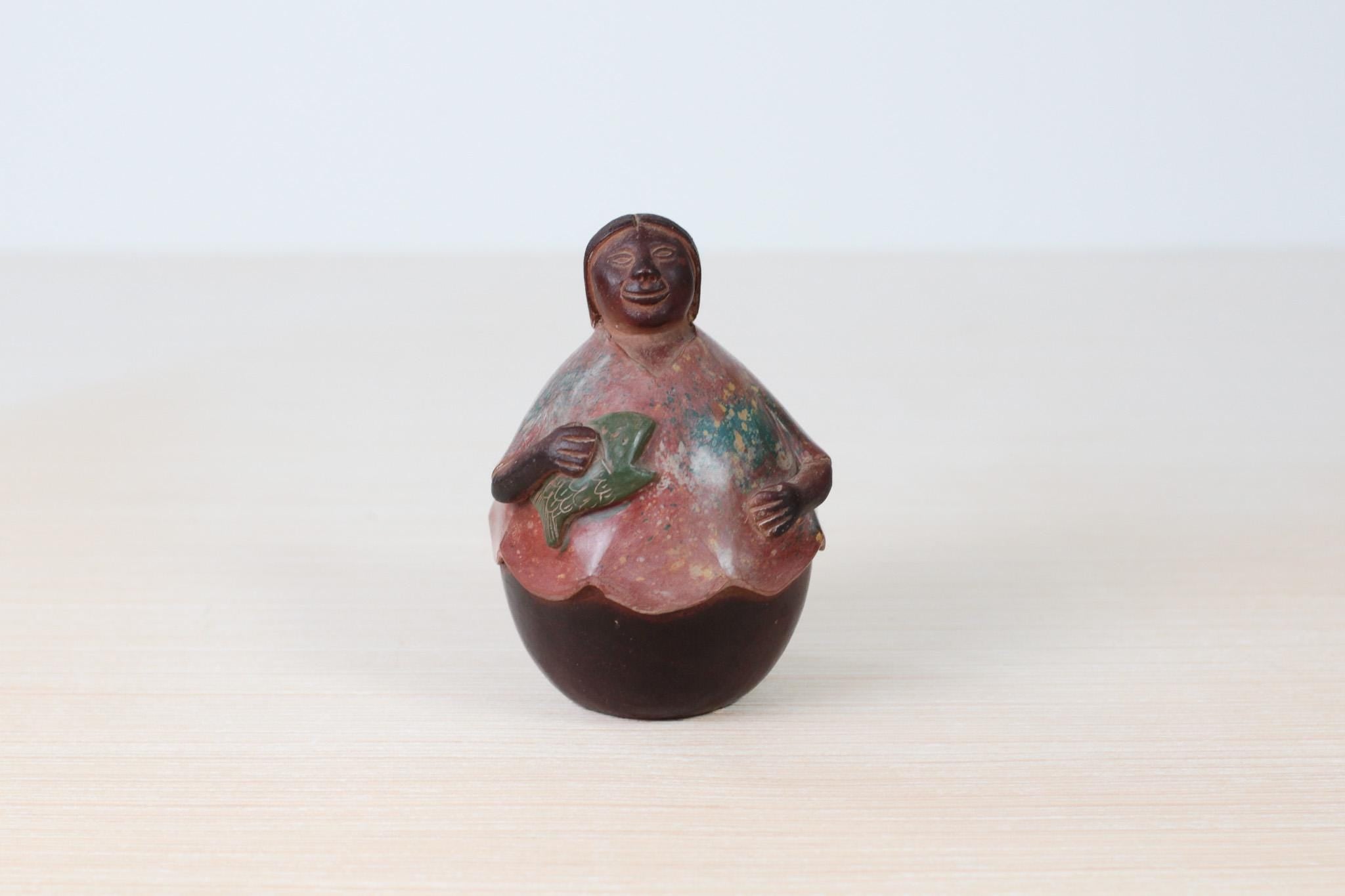 Vintage Chulucanas Pottery Figure by Manuel Adanaque, Peruvian Folk Art Woman with Fish