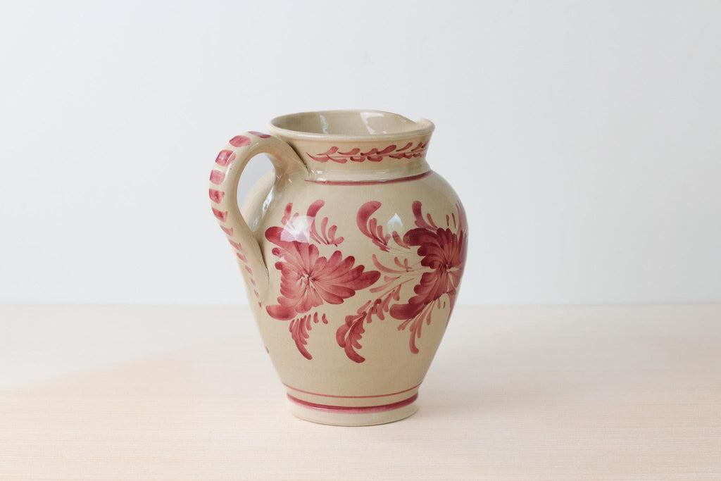 Vintage Hand Painted Greek Pottery Pitcher, Red Floral and Rooster Motif