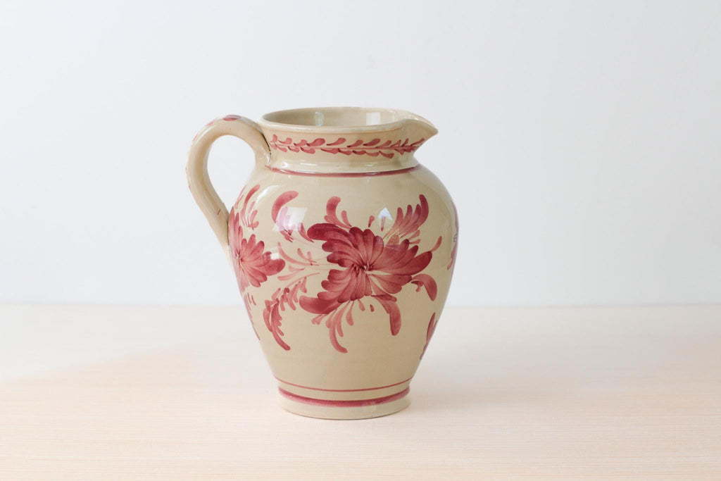 Vintage Hand Painted Greek Pottery Pitcher, Red Floral and Rooster Motif
