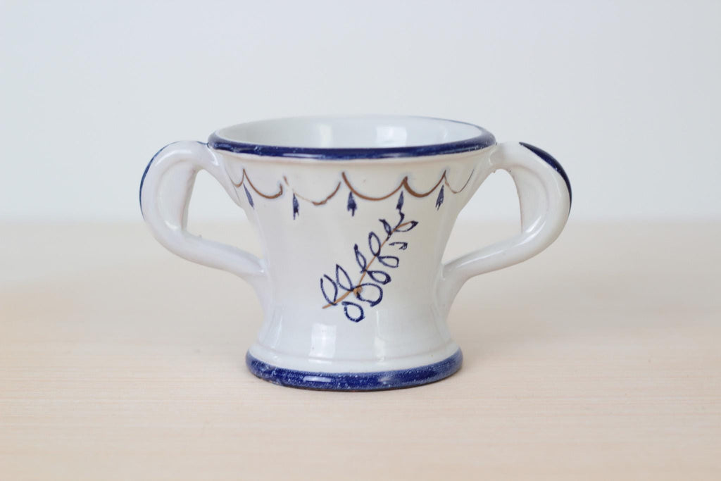 Vintage Italian Majolica Pottery Loving Cup with Hand-Painted Bird Motif