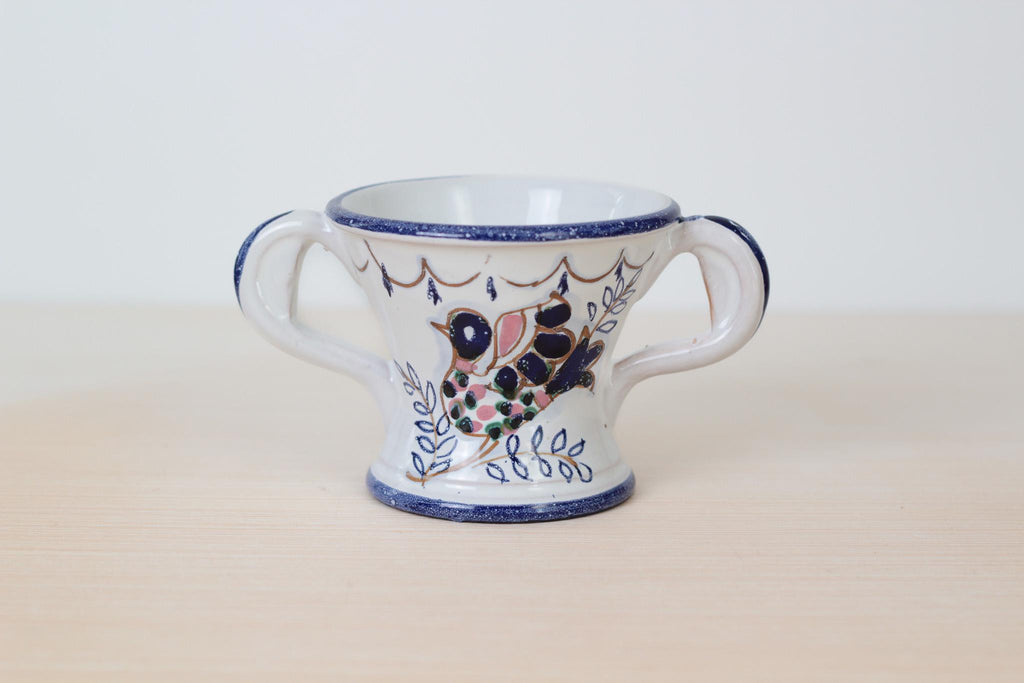 Vintage Italian Majolica Pottery Loving Cup with Hand-Painted Bird Motif