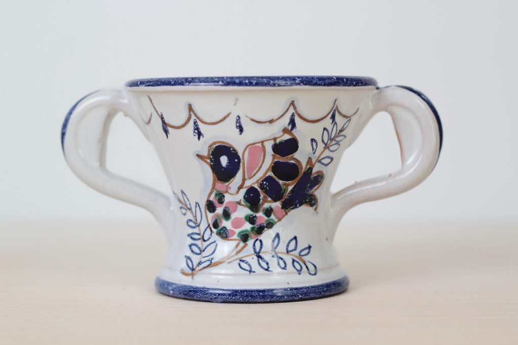 Vintage Italian Majolica Pottery Loving Cup with Hand-Painted Bird Motif