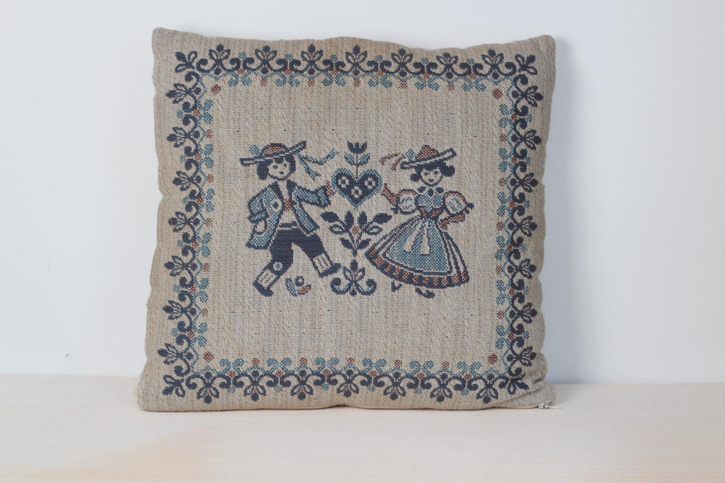 Vintage Austrian Folk Art Tapestry Pillow 15"x15"