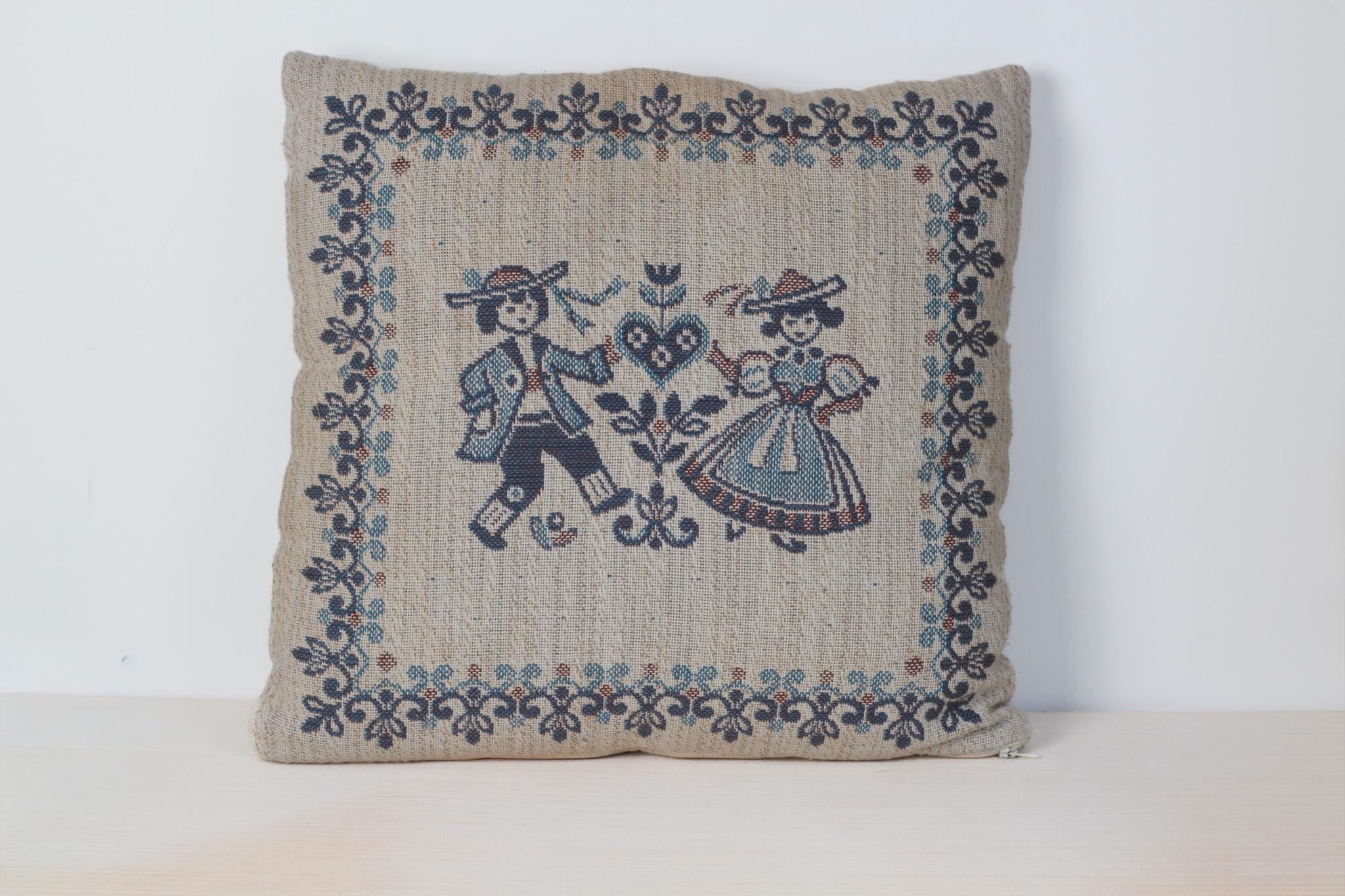 Vintage Austrian Folk Art Tapestry Pillow 15"x15"