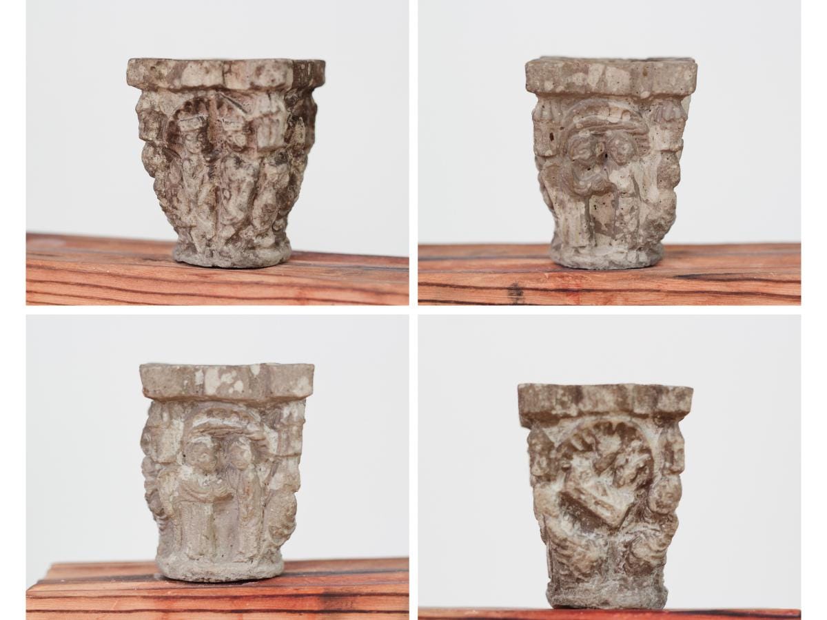Vintage Rustic Candle Holder with Architectural Capitals, Medieval-Revival Decor