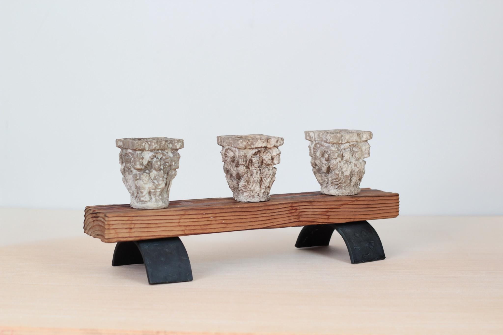 Vintage Rustic Candle Holder with Architectural Capitals, Medieval-Revival Decor