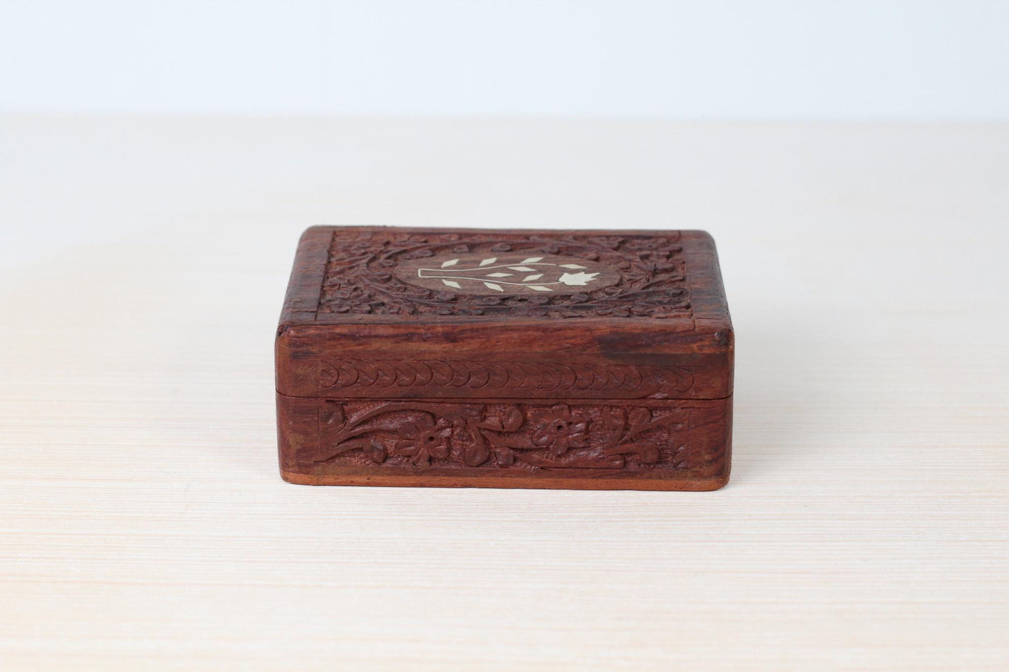 Vintage Carved Rosewood Trinket Box with Floral Inlay