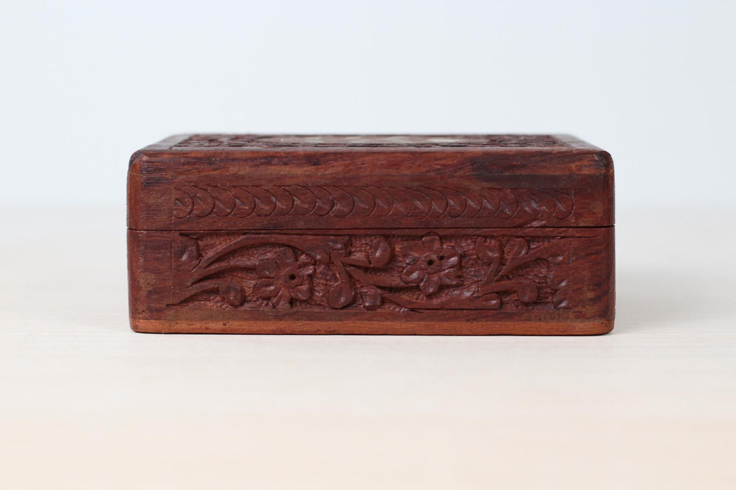 Vintage Carved Rosewood Trinket Box with Floral Inlay