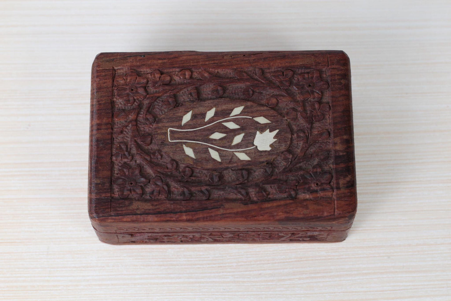Vintage Carved Rosewood Trinket Box with Floral Inlay
