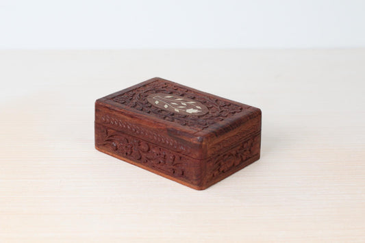 Vintage Carved Rosewood Trinket Box with Floral Inlay