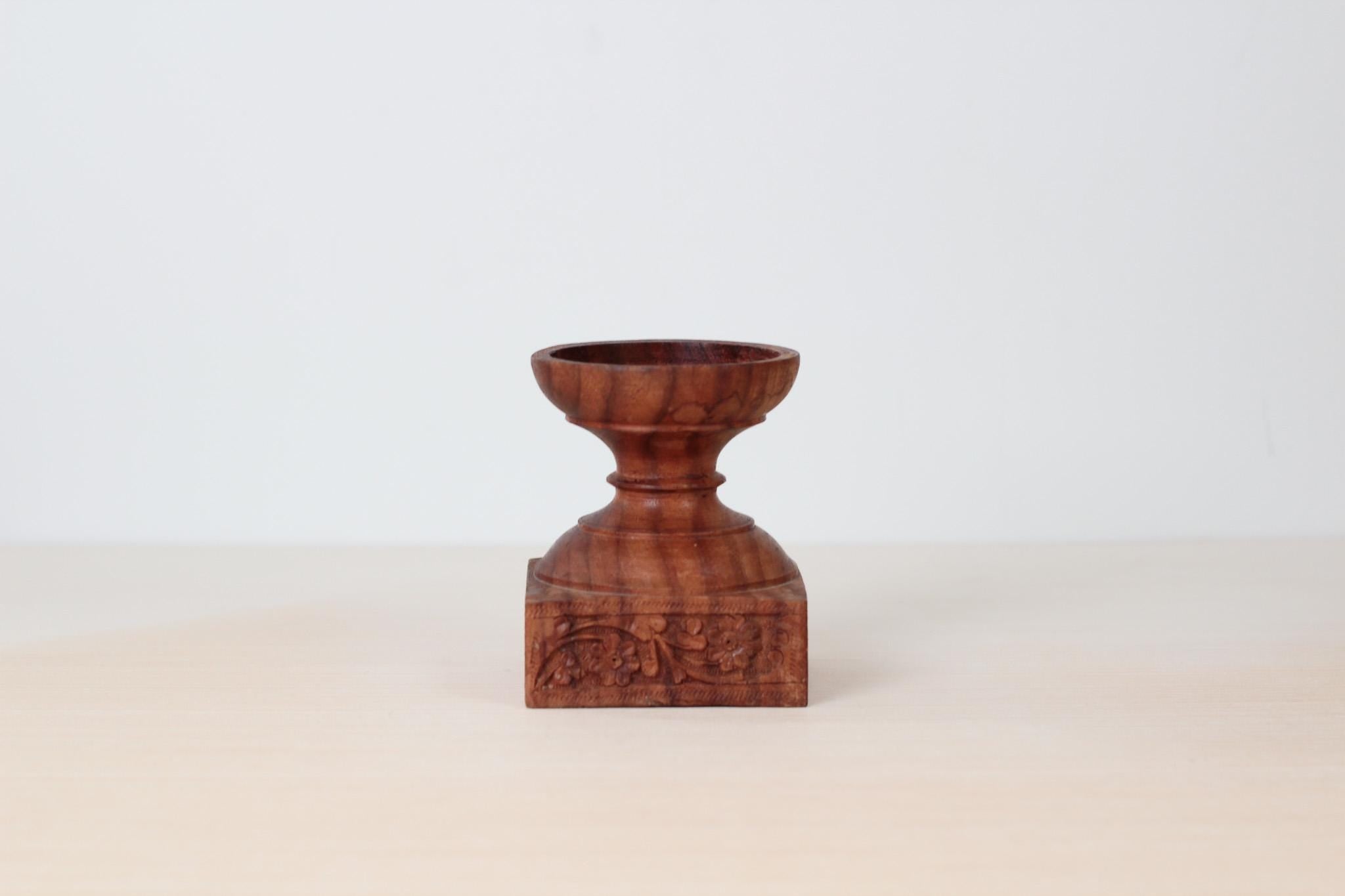 Vintage Hand-Carved Rosewood Pillar Candle Holder, Made in India