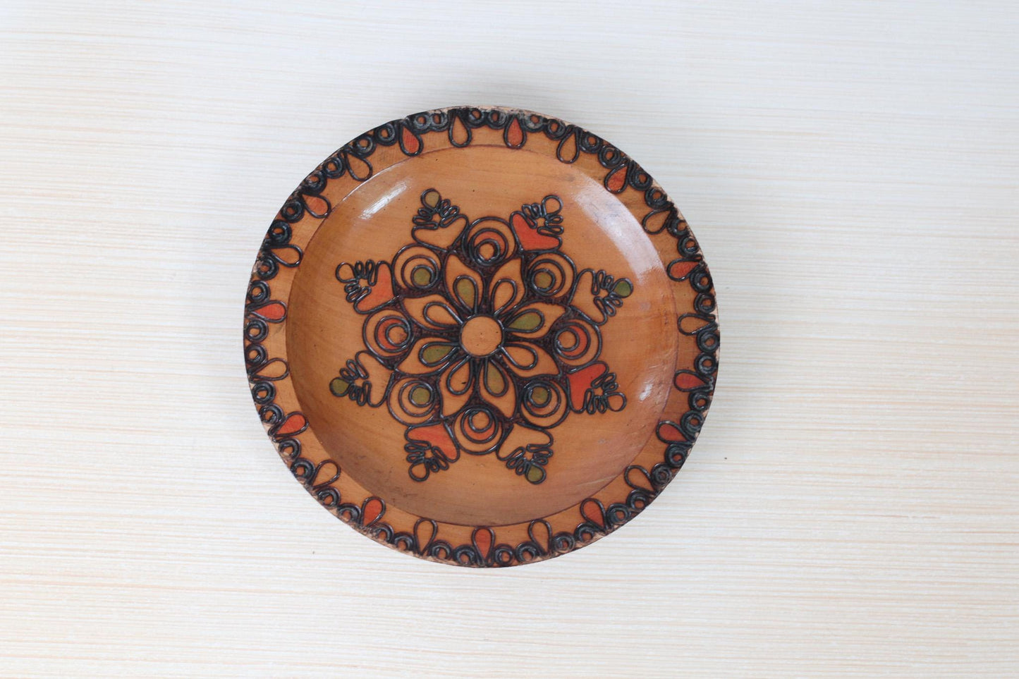 Vintage Polish Folk Art Wood Plate, Hand Carved and Painted