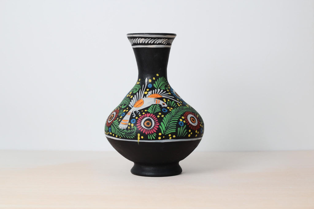 Vintage Large Hand-Painted Mexican Ceramic Vase with Bird and Floral Motifs
