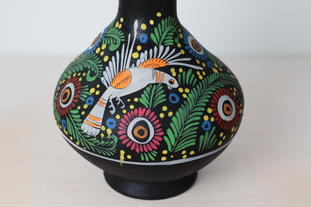 Vintage Large Hand-Painted Mexican Ceramic Vase with Bird and Floral Motifs