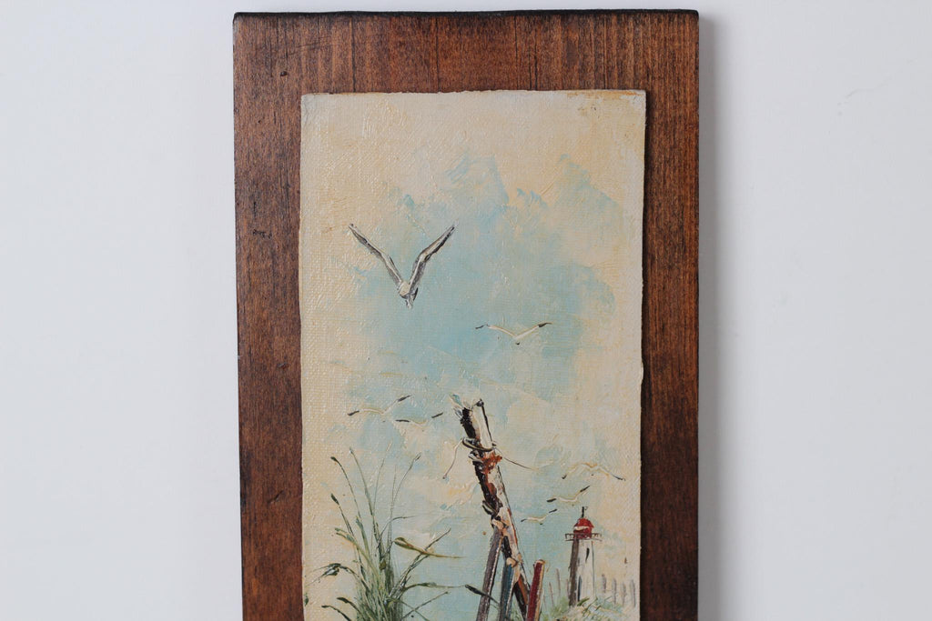 Vintage Coastal Seascape Painting on Wood, Signed by Artist