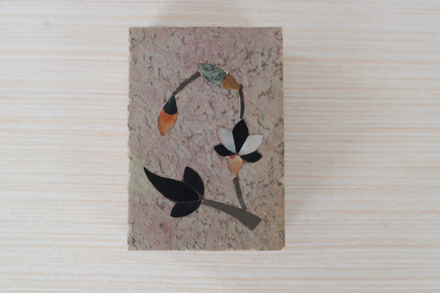 Vintage Floral Inlay Soapstone Lidded Trinket Box, Made in India