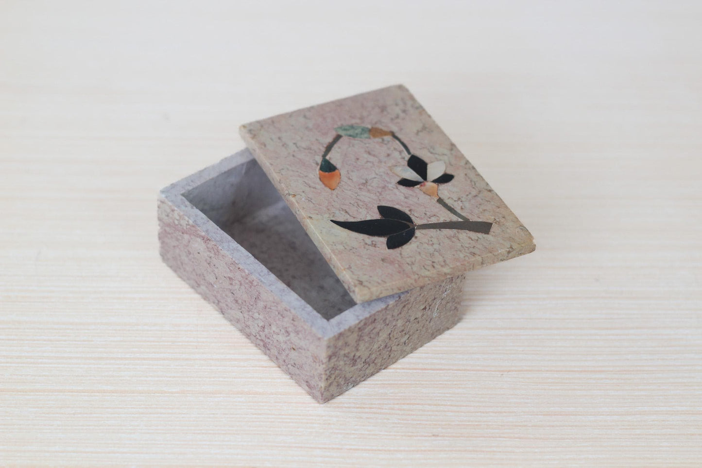 Vintage Floral Inlay Soapstone Lidded Trinket Box, Made in India