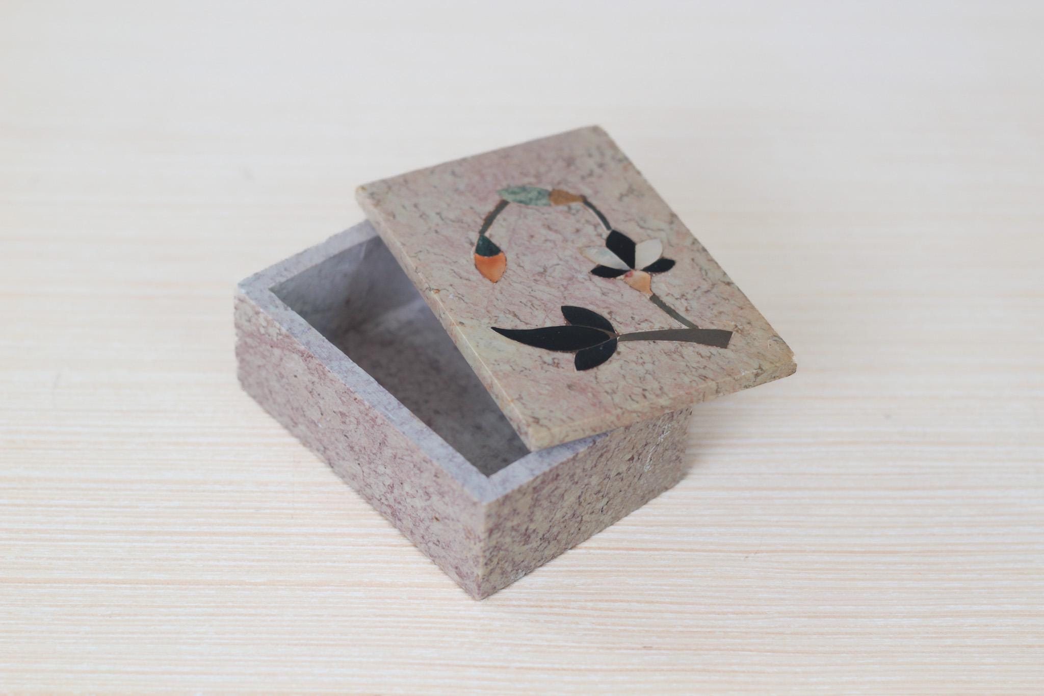 Vintage Floral Inlay Soapstone Lidded Trinket Box, Made in India