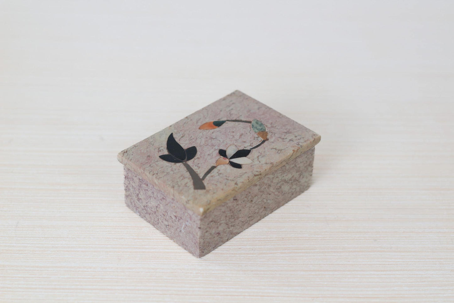 Vintage Floral Inlay Soapstone Lidded Trinket Box, Made in India