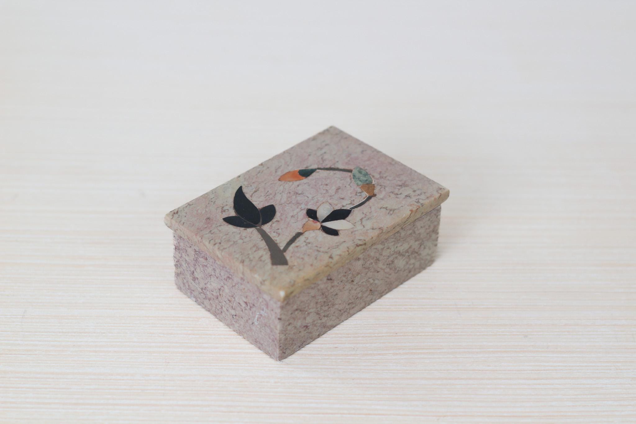 Vintage Floral Inlay Soapstone Lidded Trinket Box, Made in India