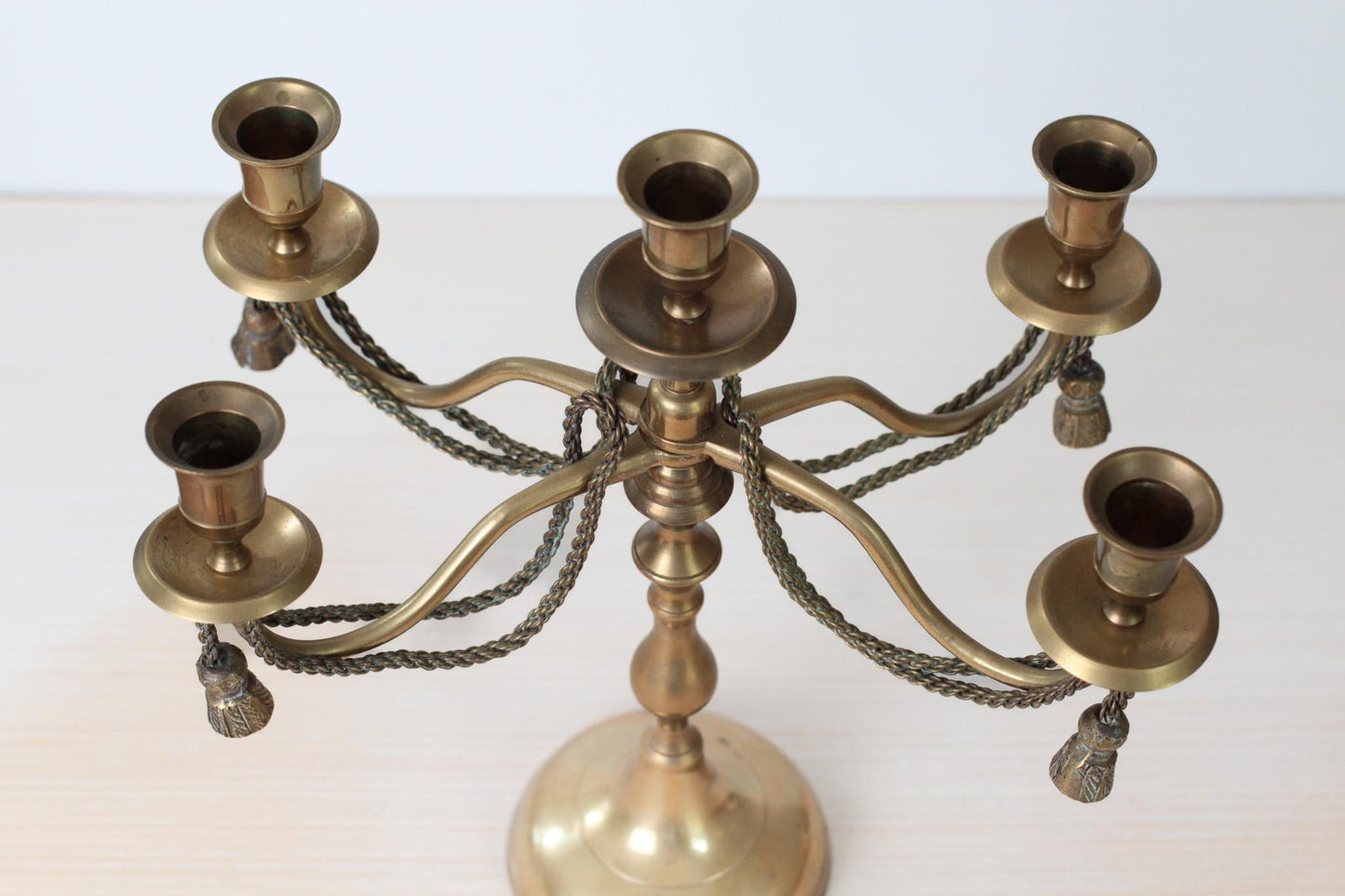 Vintage Brass 5-Arm Candelabra with Rope and Tassel Detail, Tapered-Candle Holder