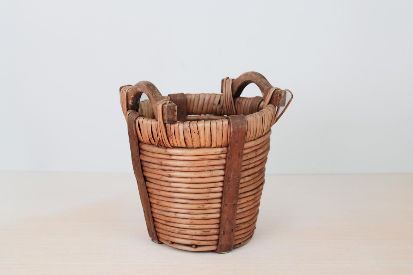Vintage Handwoven Harvest Basket with Wooden Handles