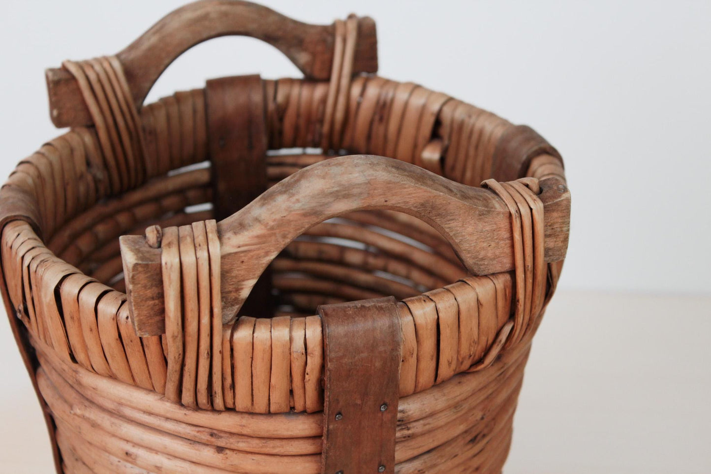 Vintage Handwoven Harvest Basket with Wooden Handles