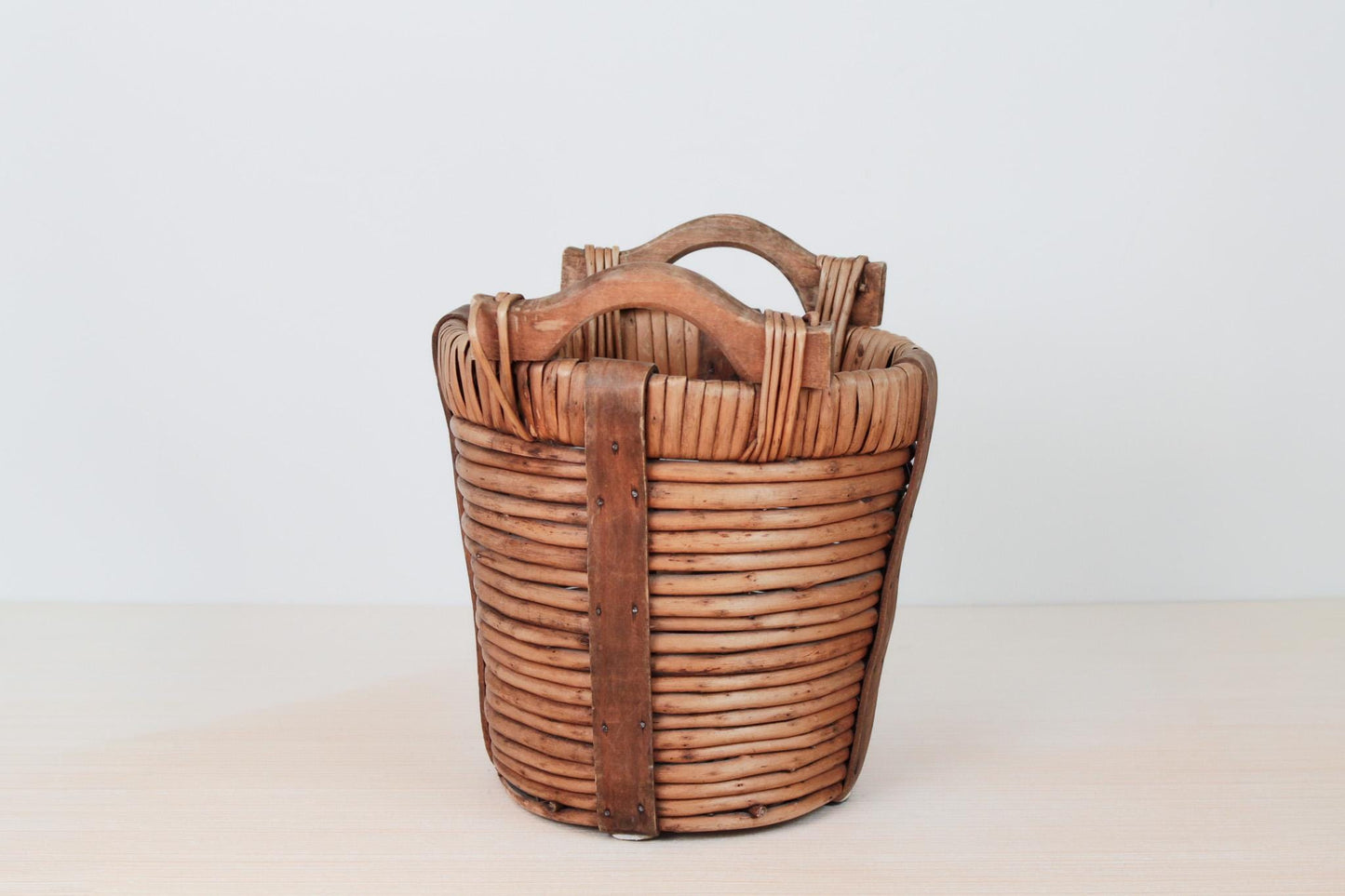 Vintage Handwoven Harvest Basket with Wooden Handles