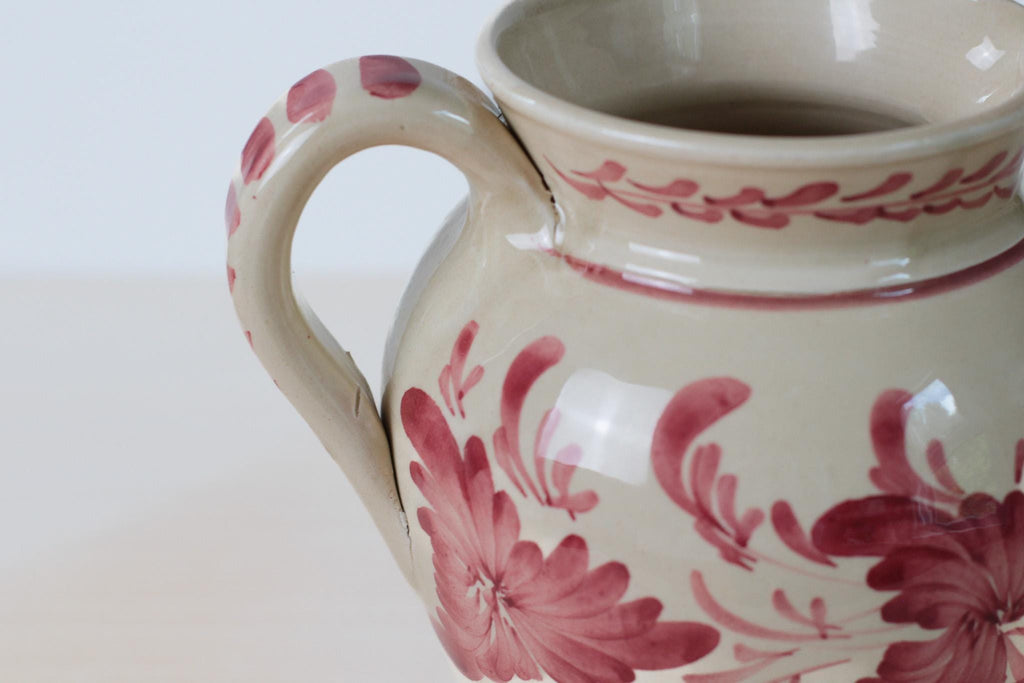 Vintage Hand Painted Greek Pottery Pitcher, Red Floral and Rooster Motif