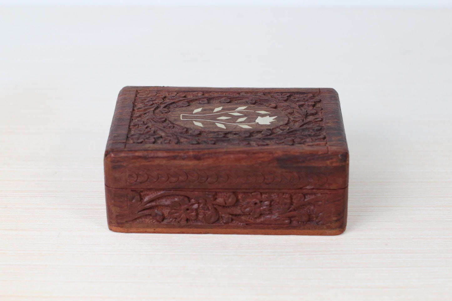 Vintage Carved Rosewood Trinket Box with Floral Inlay